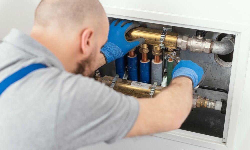 Professional plumber installing plumbing manifolds